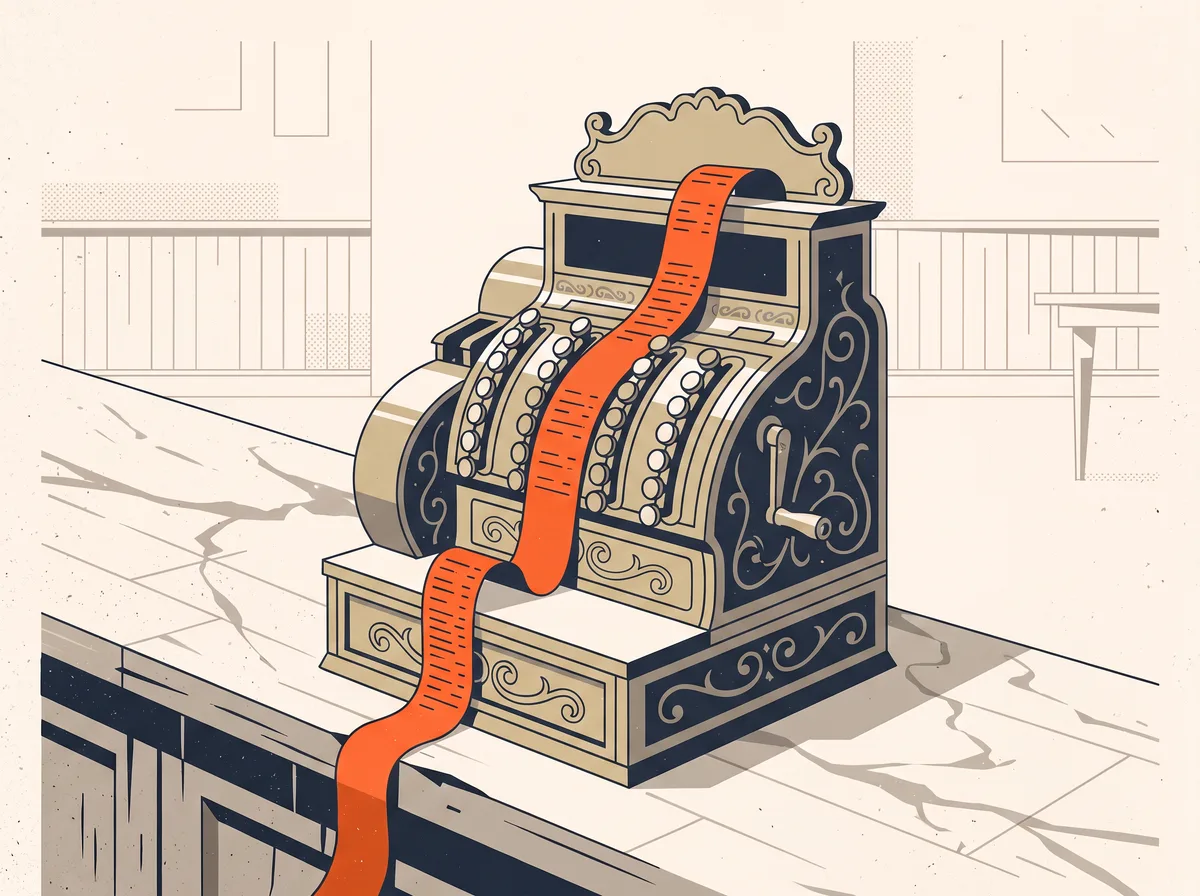 A brass mechanical cash register with a printed paper roll curling from the top