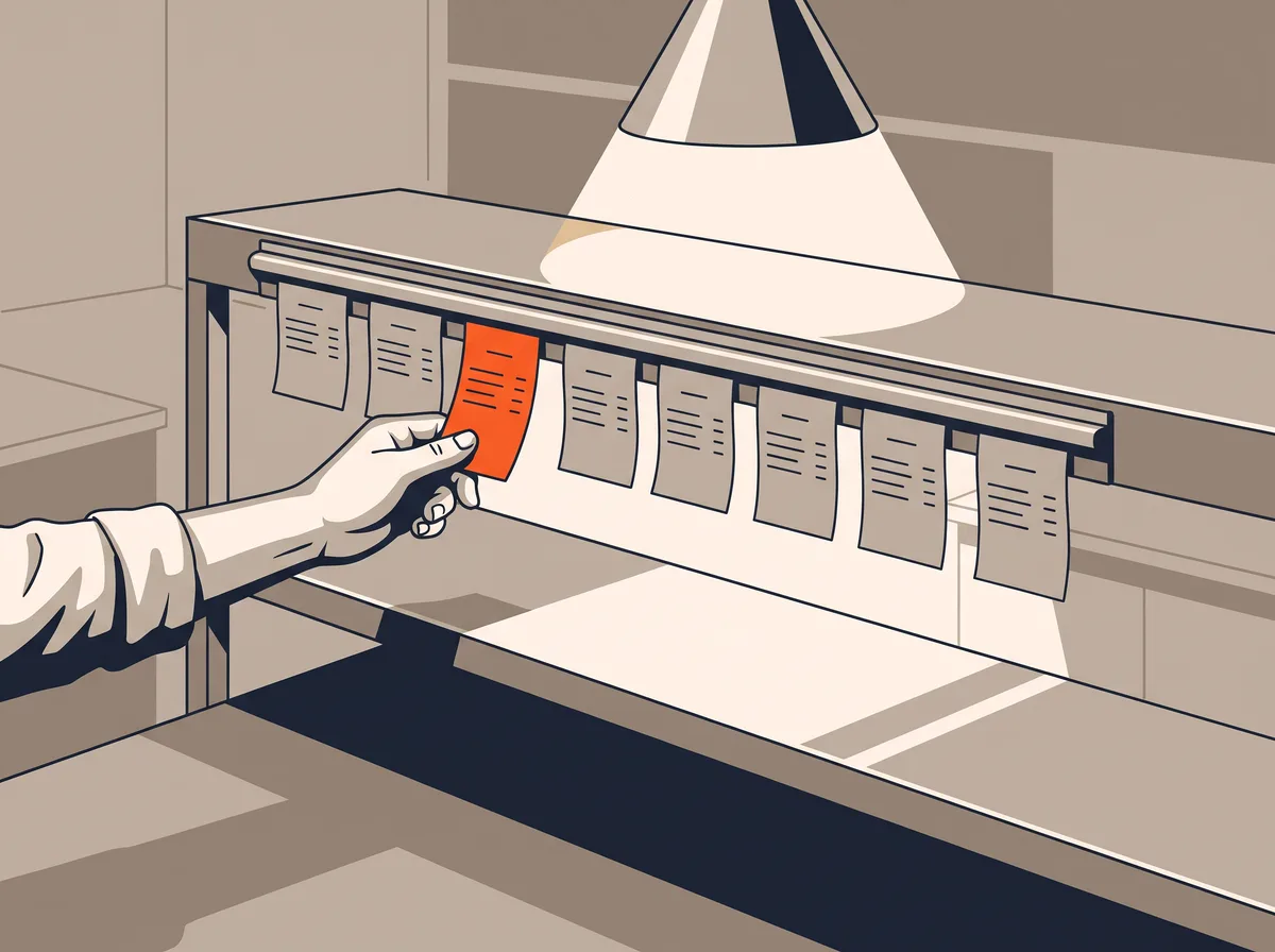 Paper order chits clipped along a stainless kitchen ticket rail under a heat lamp