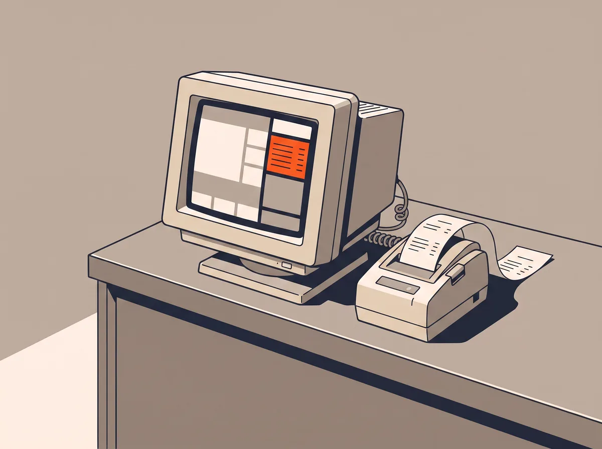 A boxy 1990s touchscreen point-of-sale terminal beside an impact receipt printer
