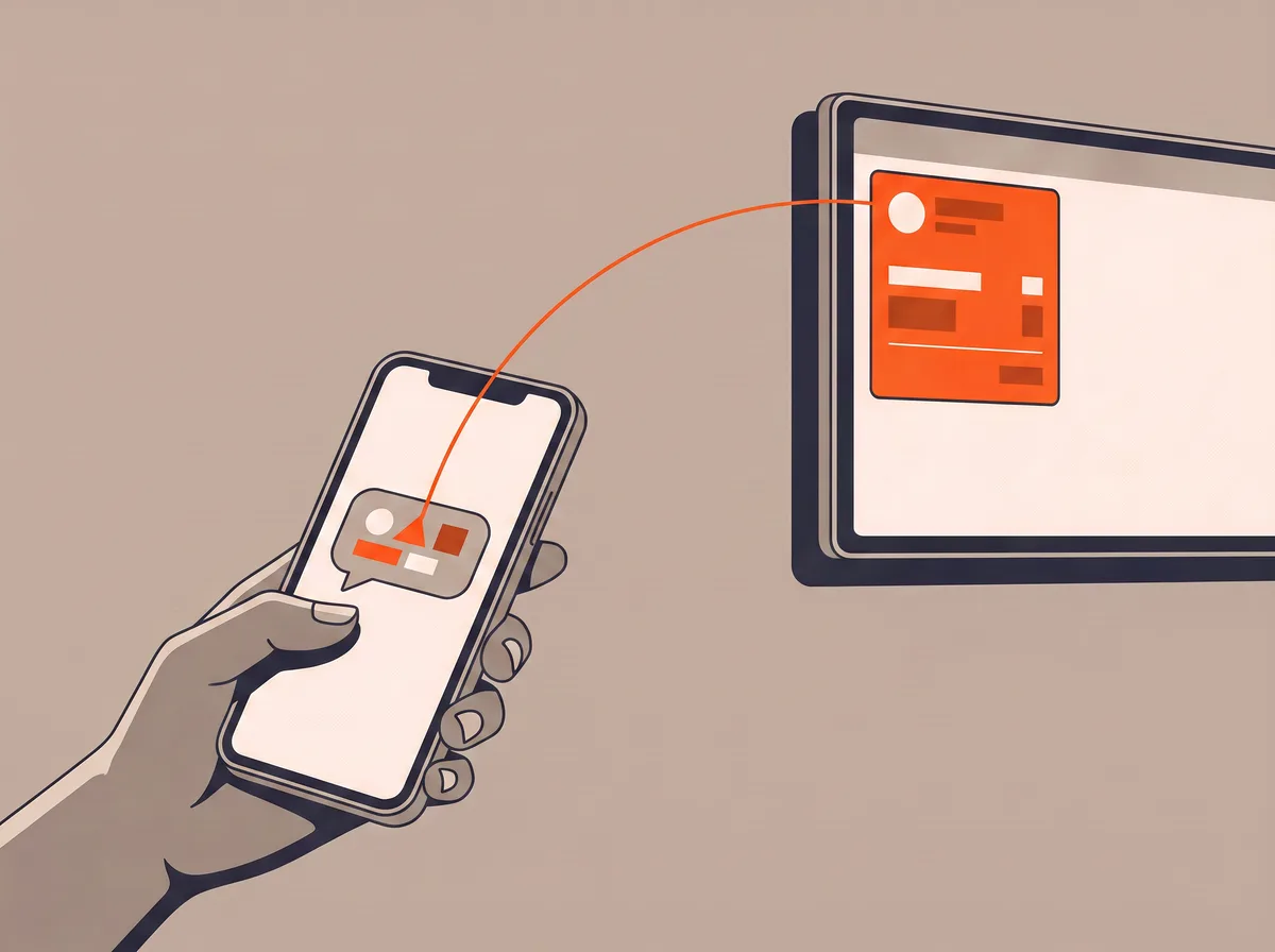 A chat bubble on a phone connected by a line to an order ticket on a kitchen display screen